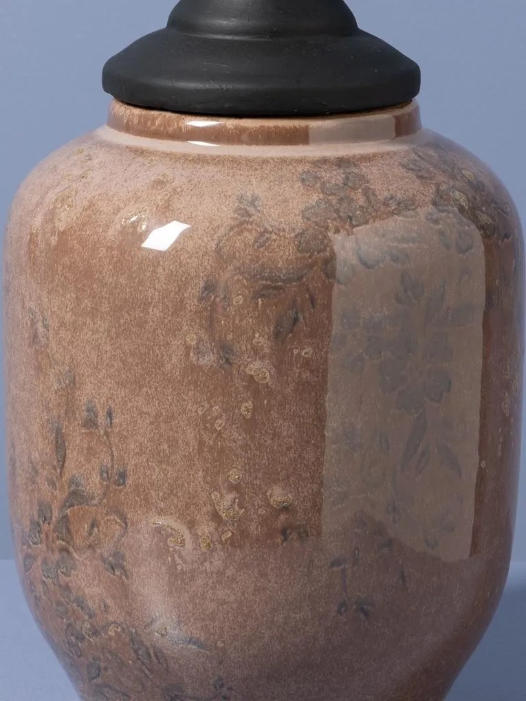 Borcan decorativ din ceramică artizanală roz cu capac negru sculptat, formă ovală, finisaj lucios, 38,5×13 cm, „Rosaire"