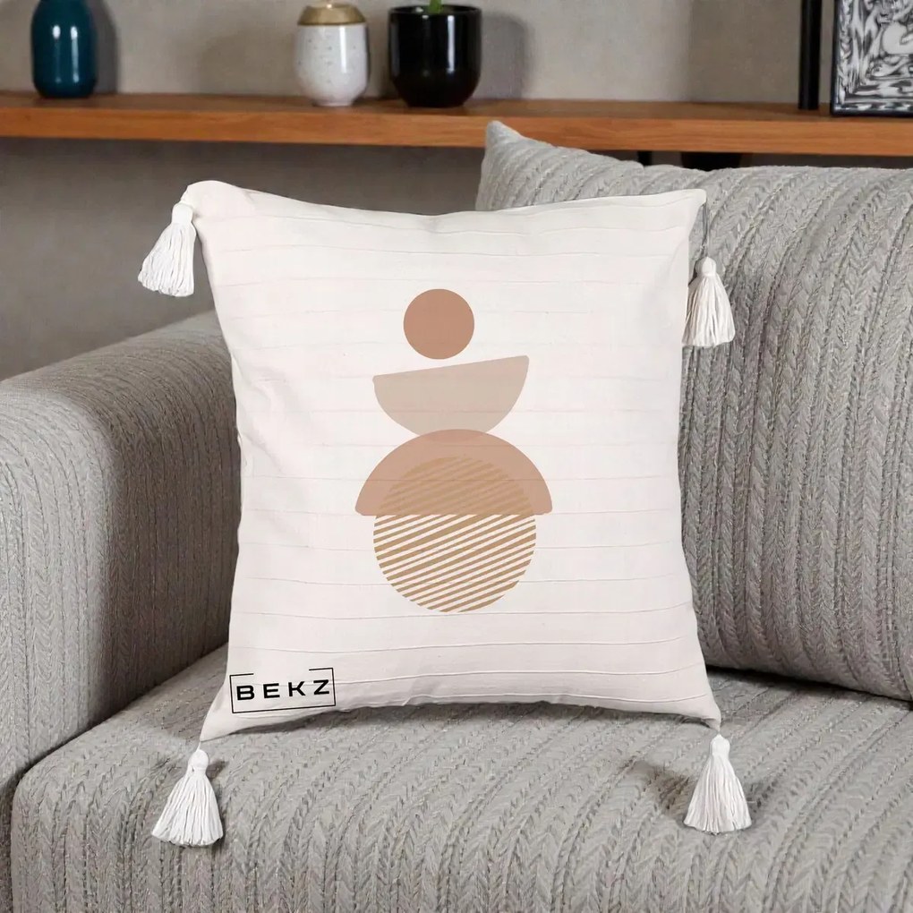 Perna Decorativa Geometric Boho Forme Terracotta, 40x40 cm, Bej cu Franjuri, Husa Detasabila, Perna Inclusa, BEKZ®