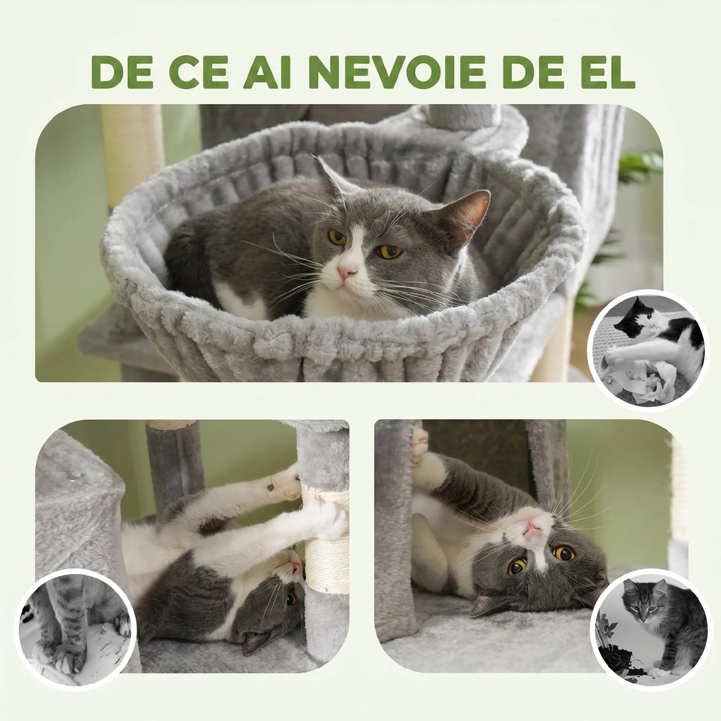 PawHut Ansamblu de Zgâriat pentru Pisici, 206 cm, cu Stâlpi din Sisal, Căsuțe și Hamace, Gri Închis | Aosom Romania