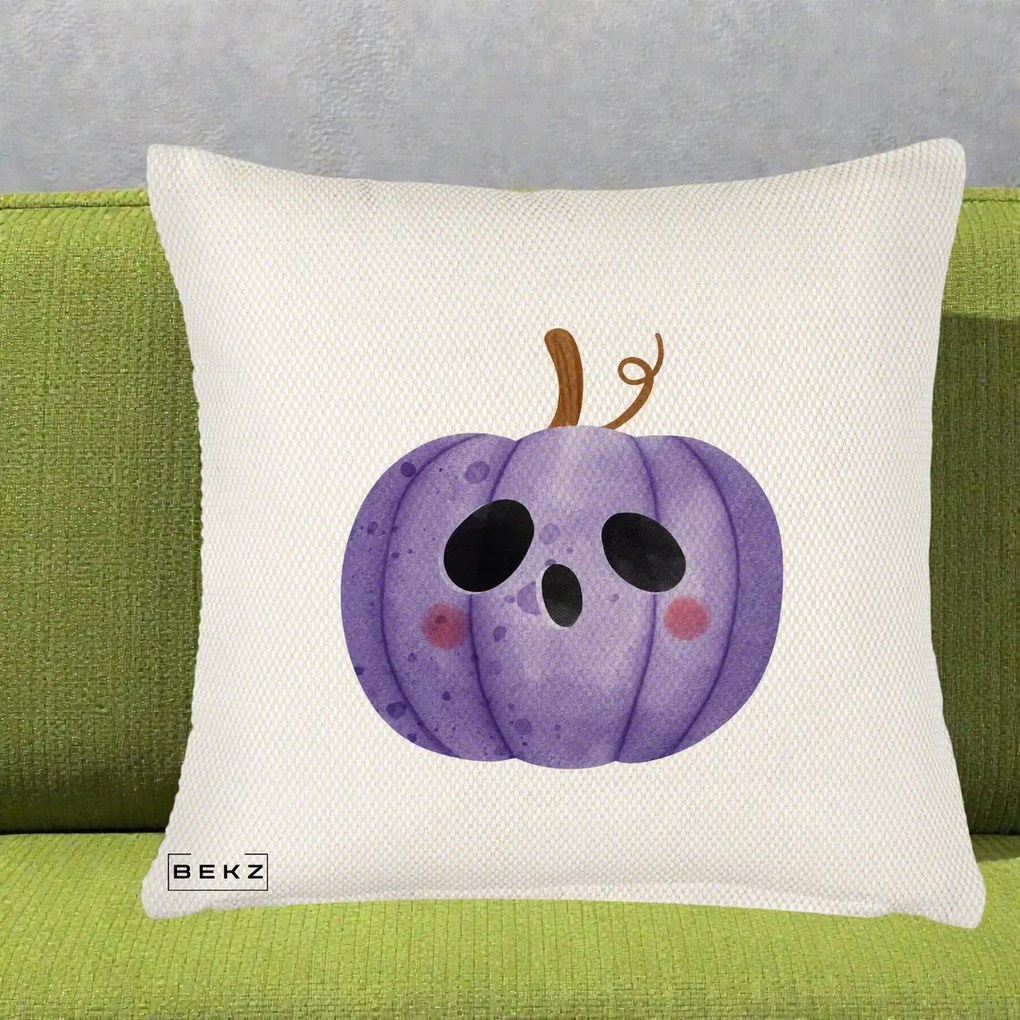 Perna Decorativa Dovleac Halloween Mov Kawaii, 40x40 cm, Crem Reliefat, Husa Detasabila, Perna Inclusa, BEKZ®