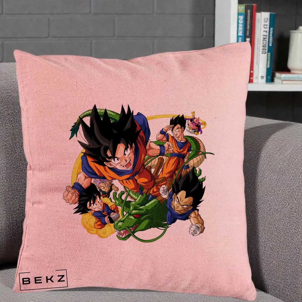 Perna Personalizata Dragon Ball Goku si Shenron Actiune, 40x40 cm, Roz, Husa Detasabila, Perna Inclusa, BEKZ®