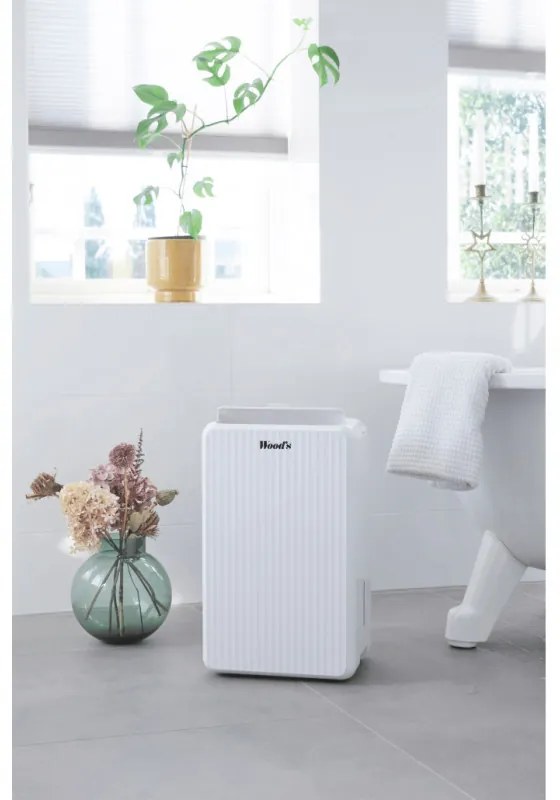 Dezumidificator Woods MRD10G, 102 m³/h, Pana la 40 m², Pentru bai, 10l/24h, Timer, Debit reglabil, Hidrostat, Alb