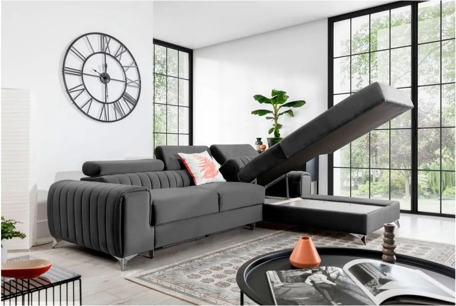 Colțar gri închis extensibil/cu spațiu de depozitare cu tapițerie din catifea (cu colț pe partea dreaptă/cu șezlong) Grayson – ELTAP