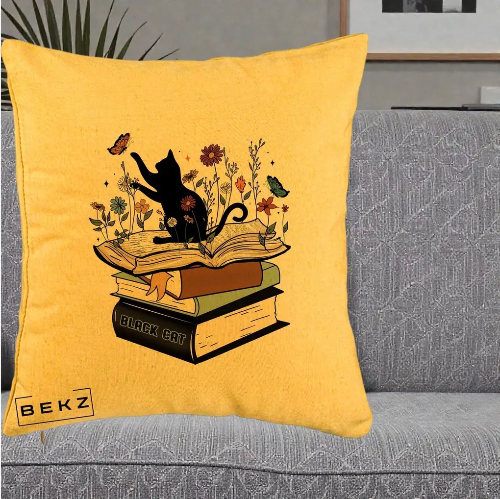 Perna Personalizata Pisica Neagra Carti Flori Fluturi, 40x40 cm, Galben, Husa Detasabila, Perna Inclusa, BEKZ®