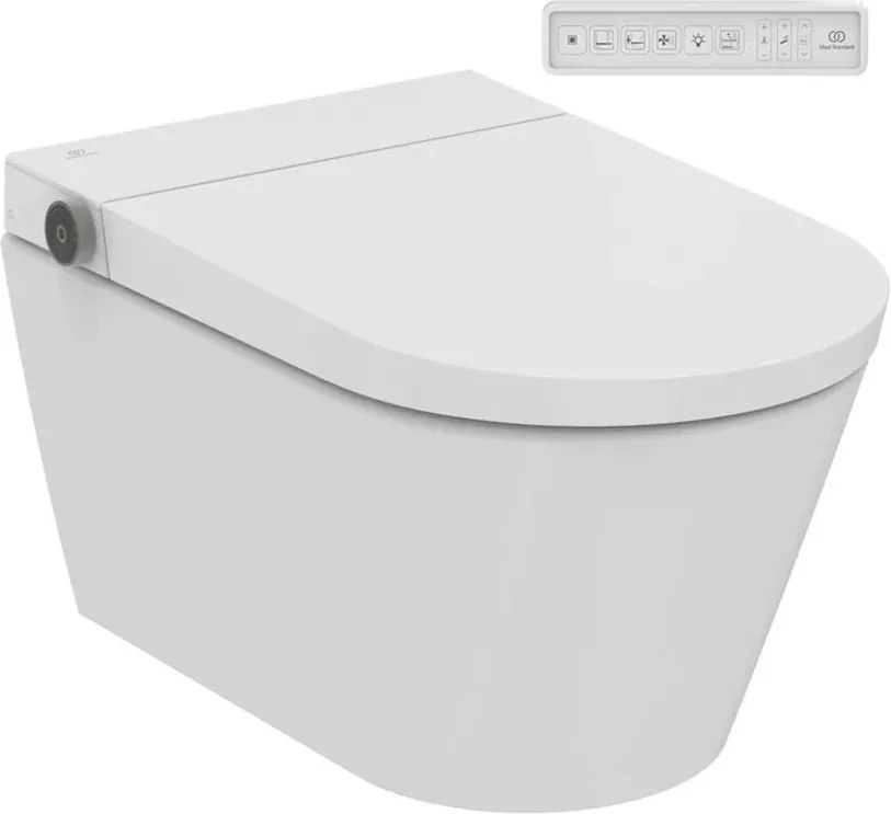 Set vas WC suspendat Ideal Standard i.life E RimLS cu functie de bideu electric si capac softclose alb lucios