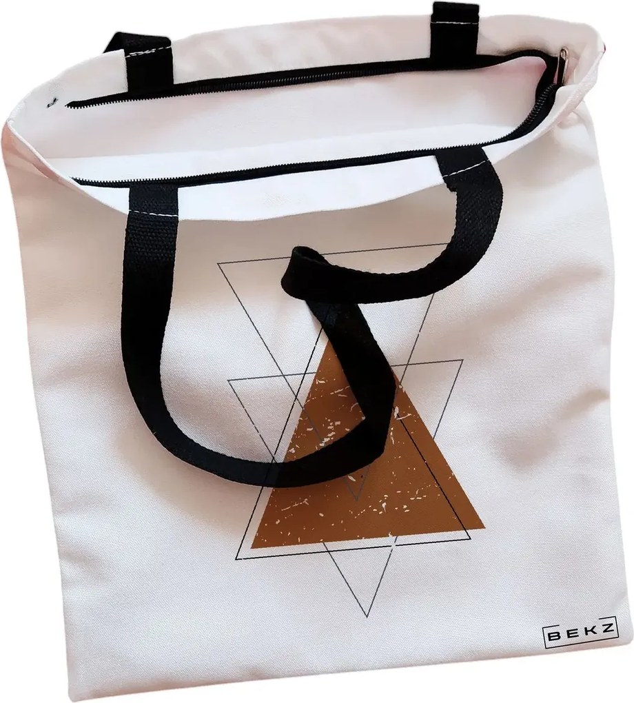 Sacosa de Panza pentru Cumparaturi, Geanta Tote, model Triangles art, Cu fermoar, 38x34.5 cm, Alba, BEKZ®