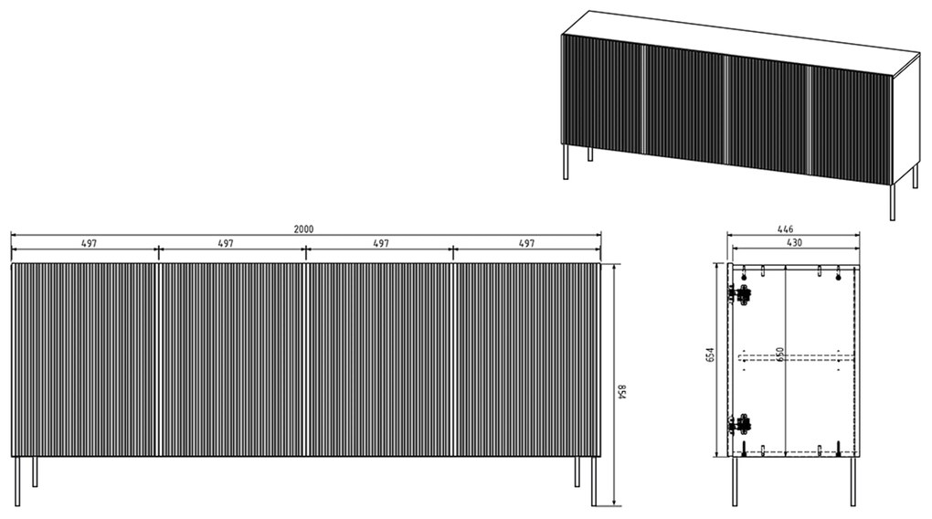 Comodă Nicole 200 cm - negru mat / picioare negre