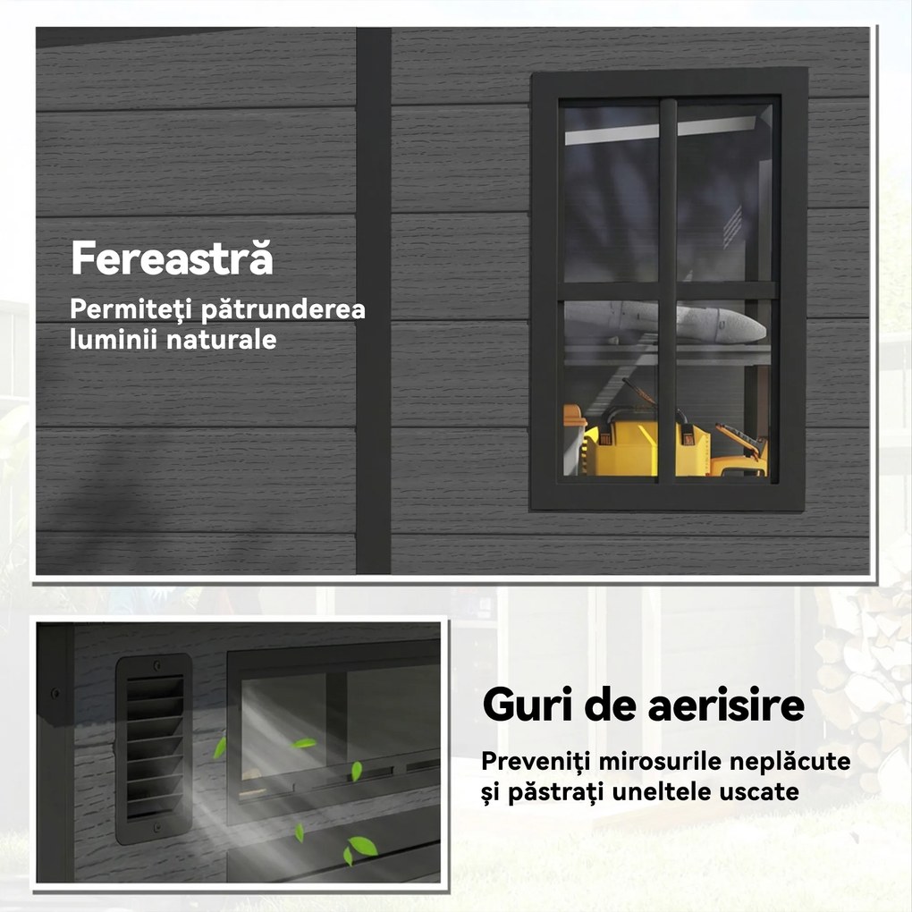 Outsunny Magazie de Grădină 2.89m² din PP și Aluminiu cu Podea, Depozit Grădină cu Uși Duble cu Încuietoare, Aerisiri, 3 Ferestre, Acoperiș Înclinat, Mănuși, Gri Închis | Aosom Romania