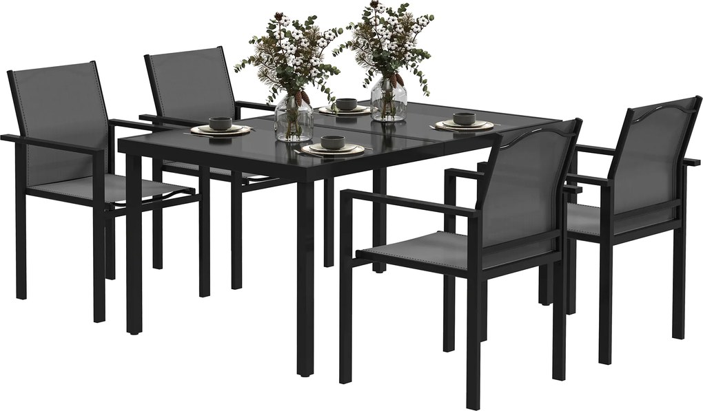 Outsunny Masă de grădină exterioară cu 4 scaune empilabile, blat din sticlă securizată 140 cm, negru | Aosom Romania