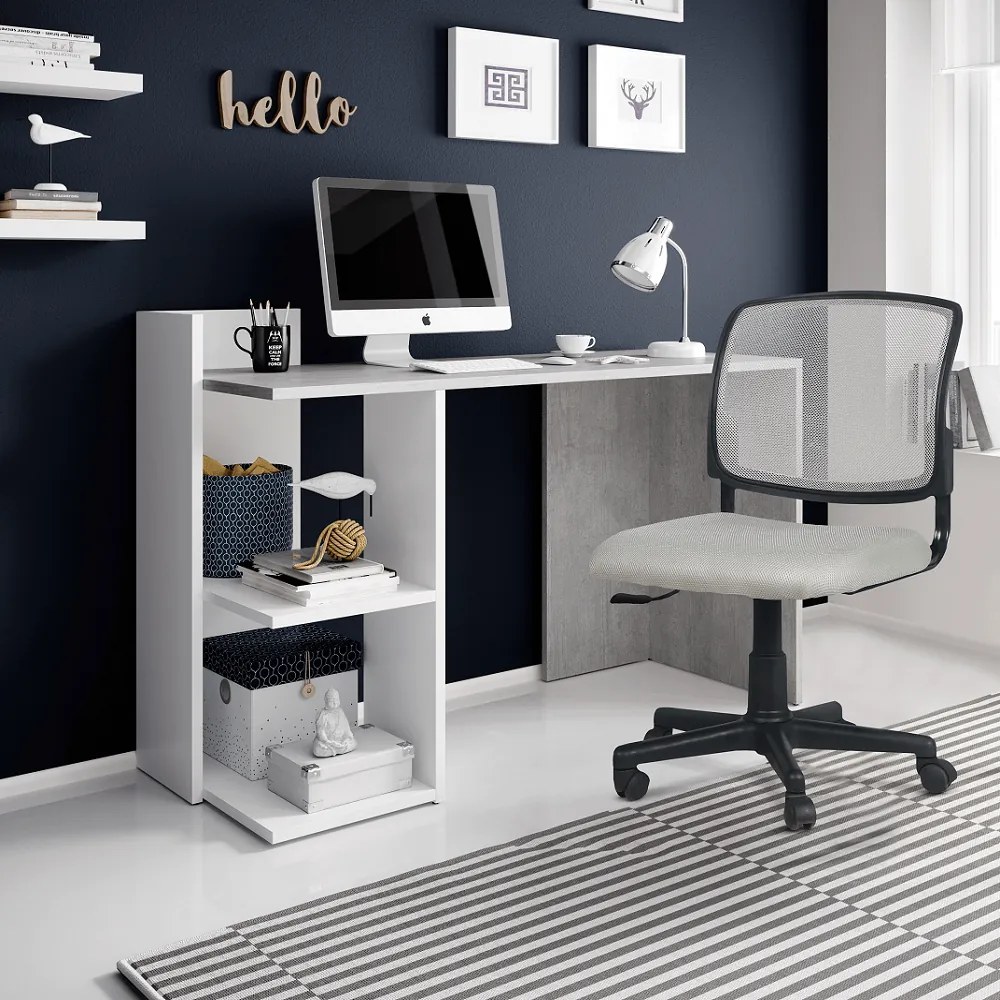 Masă PC, beton/alb mat, ANDREO