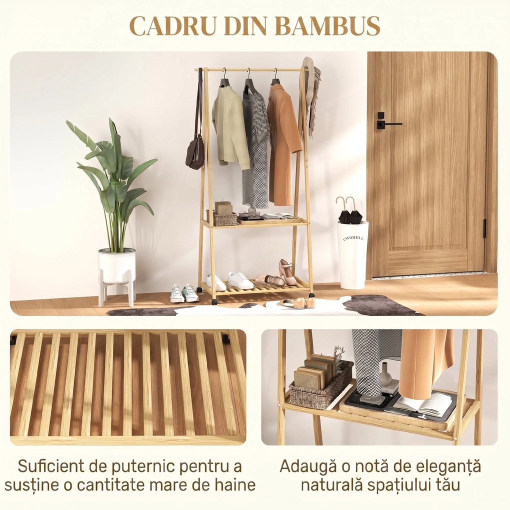 HOMCOM Cuier din Bambus cu Raft pentru Încălțăminte, 2 Cârlige, Cuier Mobil pentru Hol, Sufragerie, Natural | Aosom Romania