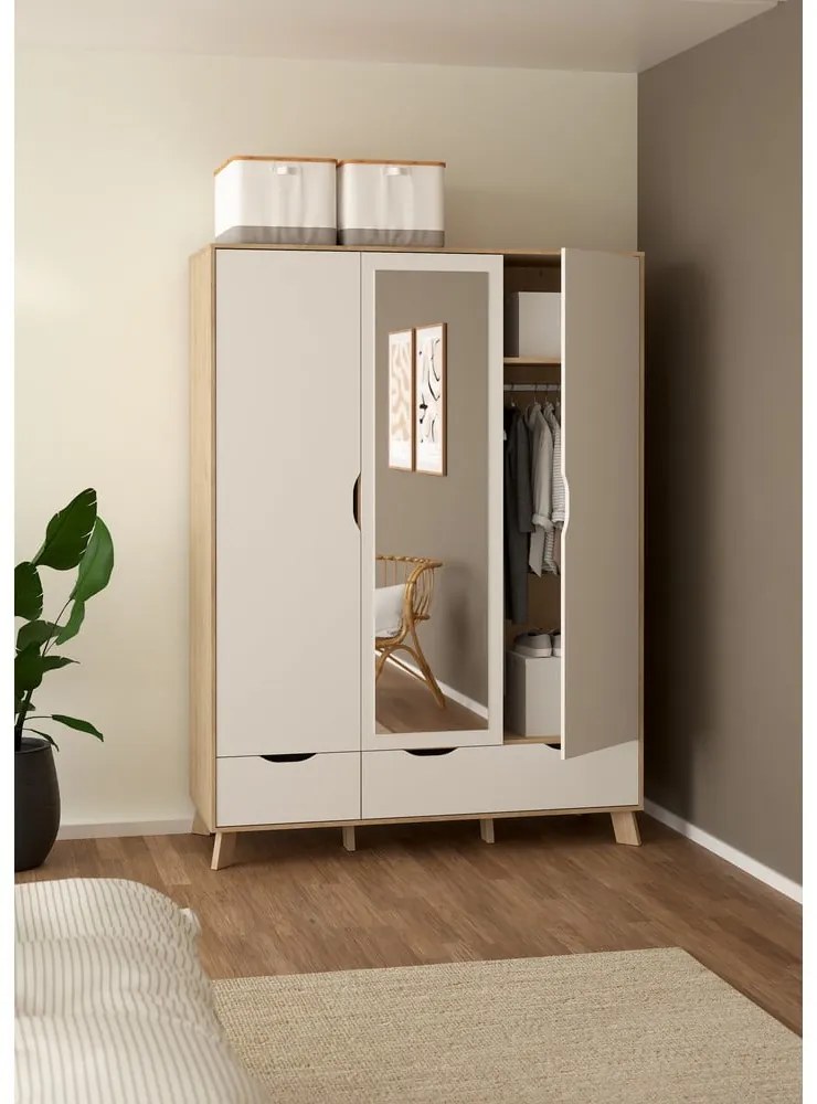 Șifonier alb-în culoare naturală cu aspect de lemn de stejar cu oglindă 147x201x58 cm Ikast – Tvilum