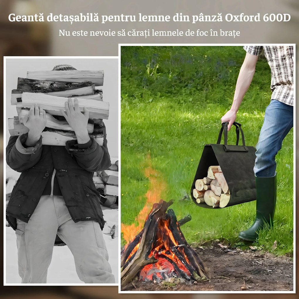 Outsunny Suport de Lemne, cu husă de transport din Oxford 600D, Capacitate 50 kg, 49x34x44 cm, Negru | Aosom Romania