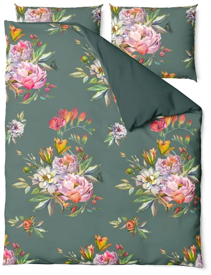Lenjerie de pat din bumbac satinat pentru pat dublu Bonami Selection Floret, 160 x 220 cm, verde închis