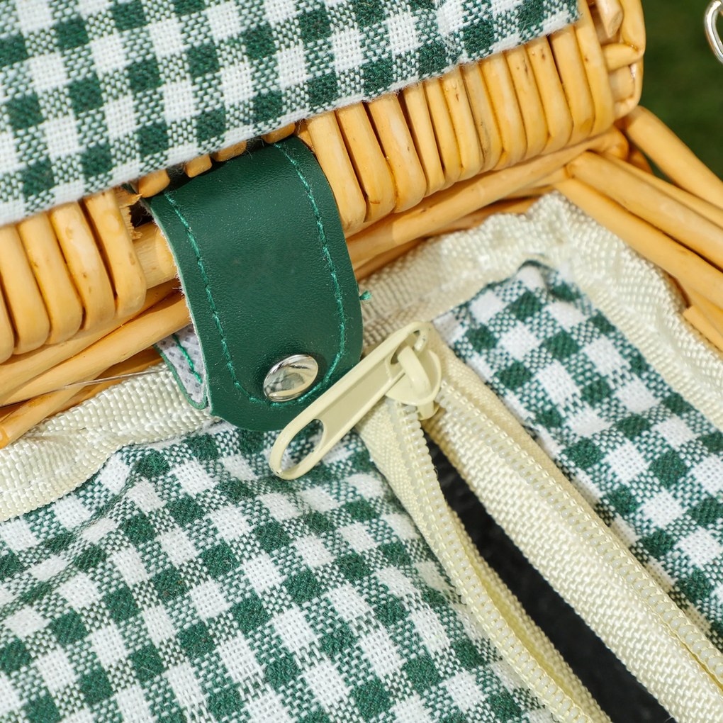 Outsunny Coș de Picnic din Răchită pentru 2 Persoane cu Zonă Frigorifică și Veselă, 40x30x20 cm, Maro Deschis | Aosom Romania