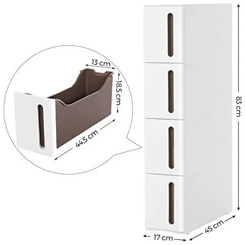 Dulap de depozitare cu sertare, Songmics, Alb/Maro, 45 x 17 x 83 cm, KFR08WT