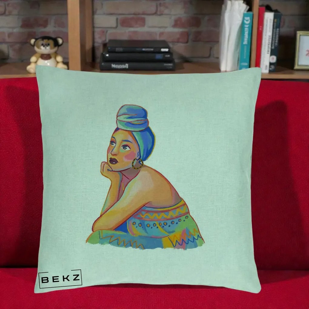 Perna Decorativa Portret Femeie Contemplativa, 40x40 cm, Verde Menta, Husa Detasabila, Perna Inclusa, BEKZ®