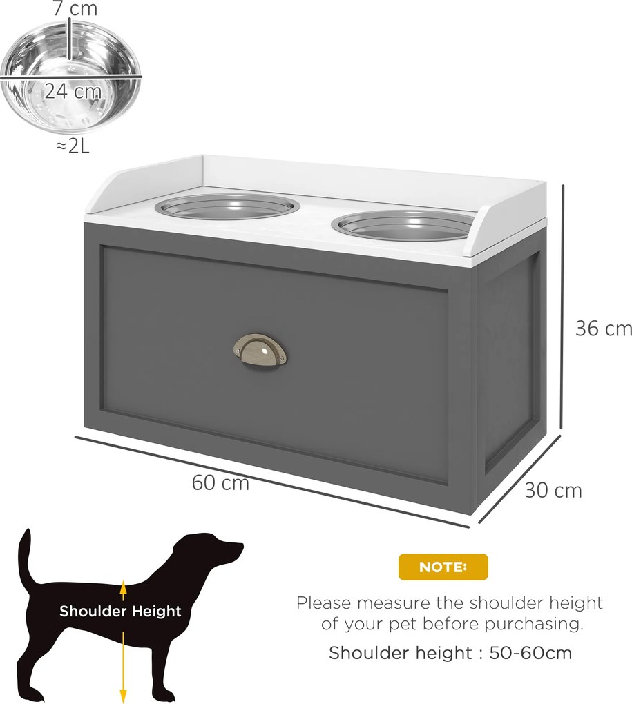 PawHut Boluri Înălțate pentru Câini din Oțel Inoxidabil și Lemn cu Sertar, 60x30x36 cm, Gri | Aosom Romania