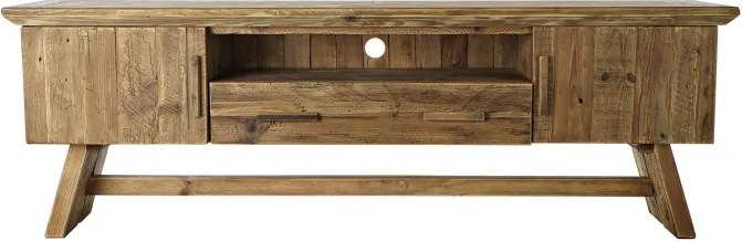 Comodă TV living din lemn reciclat, natur, cu 2 uși, 1 sertar, nișă deschisă și picioare oblice cu traversă, 60 x 180 x 45 cm, „Auburn”