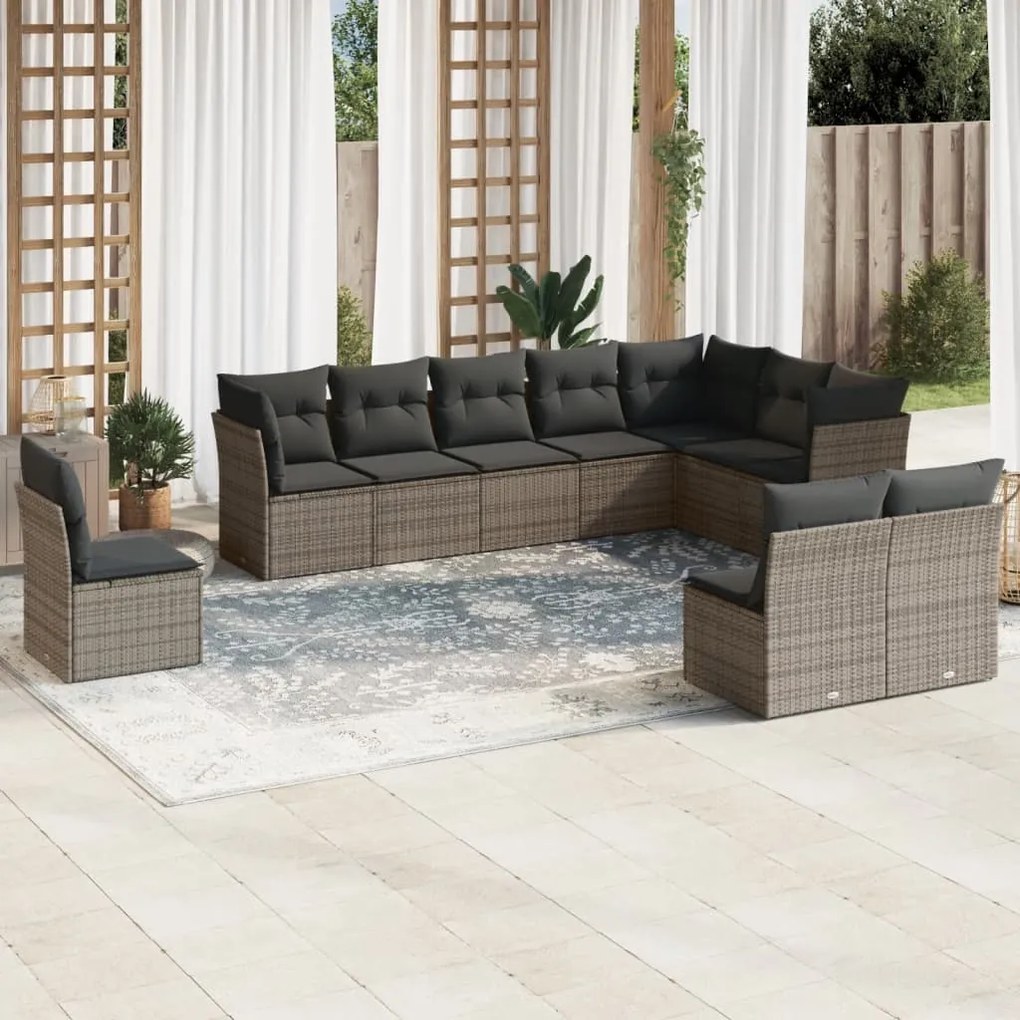 vidaXL Set mobilier de grădină cu perne, 10 piese, gri, poliratan