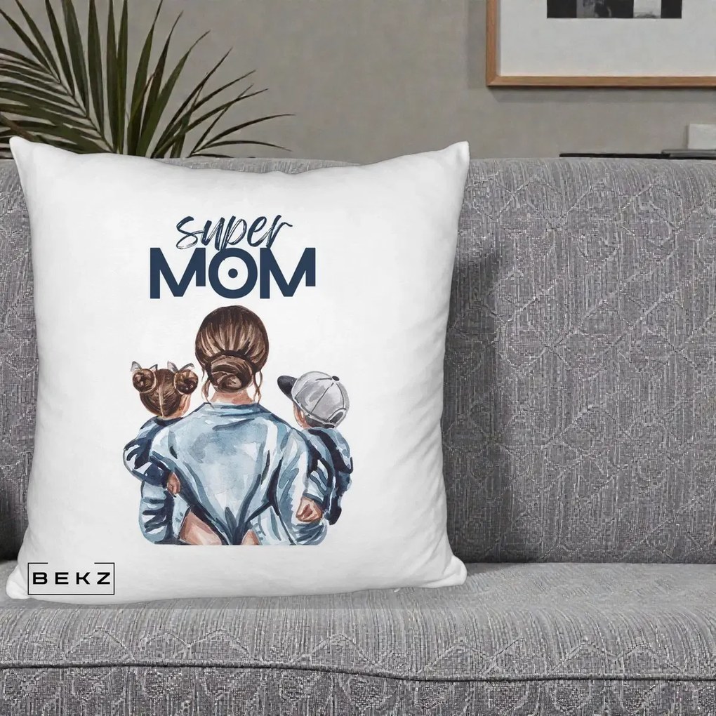 Cadou pentru Mama - Perna Personalizata Super Mom, 40x40 cm, Alb Pufos, Husa Detasabila, Perna Inclusa, BEKZ®