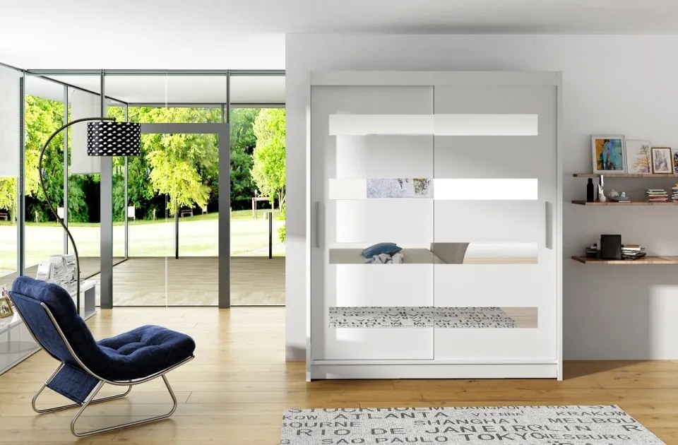 Dulap cu usi glisante si oglinda 150x200 cm, Baltic, ADRK Furniture (Culoare: Alb / Negru)