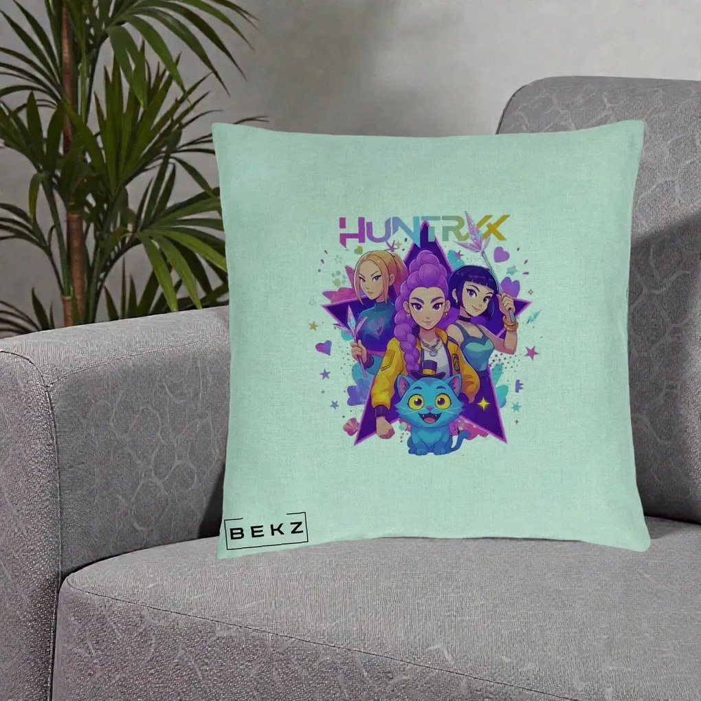 Perna Personalizata K-pop HUNTRX Trio cu Pisica Stele, 40x40 cm, Verde Menta, Husa Detasabila, Perna Inclusa, BEKZ®