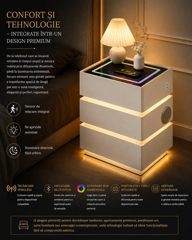 SÉLIA — Noptieră inteligentă cu încărcare Wireless, Bluetooth Stereo, iluminare RGB, USB + Type-C și senzor de mișcare, Alb
