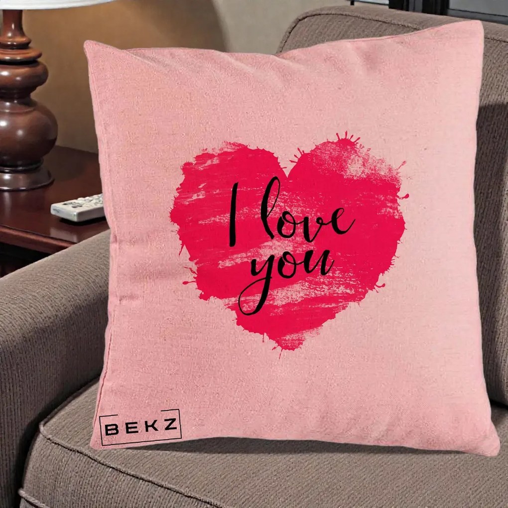 Cadou Romantic - Perna Personalizata I Love You Inima Roz, 40x40 cm, Roz, Husa Detasabila, Perna Inclusa, BEKZ®