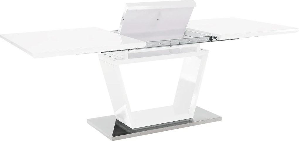 Masă dining, pliabilă, alb luciu extra ridicat / oţel, 160-220x90 cm, PERAK