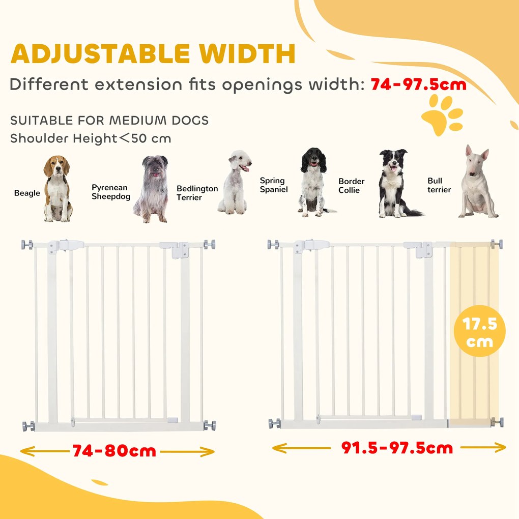 PawHut Poartă Extensibilă pentru Câini cu Montare prin Presiune, Barieră Închidere Automată și Extensie, 86x76.2 cm, Alb | Aosom Romania