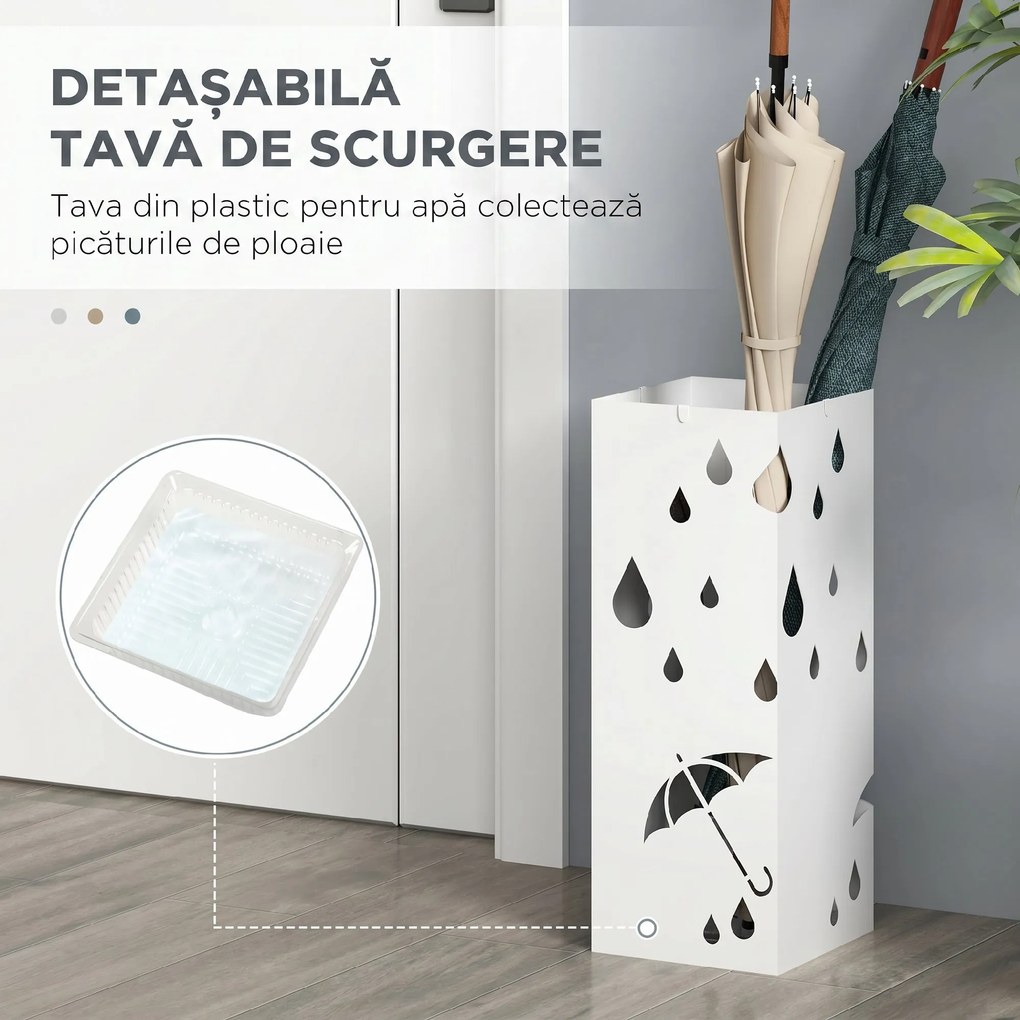 HOMCOM Suport pentru Umbrele din Metal cu 4 Cârlige, Suport pentru Umbrele cu Design Modern, 15,5x15,5x41 cm, Alb | Aosom Romania