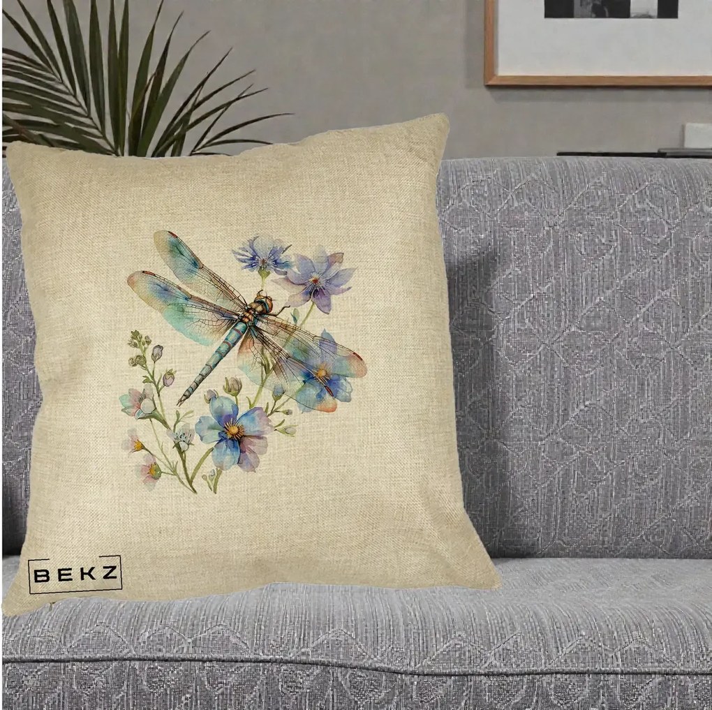 Perna Decorativa Libelula Acuarela Flori Albastre, 40x40 cm, Crem, Husa Detasabila, Perna Inclusa, BEKZ®