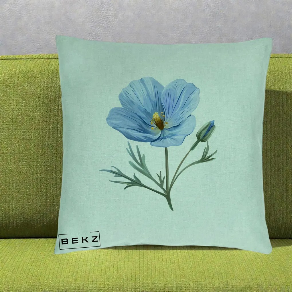 Perna Decorativa Mac Albastru Acuarela, 40x40 cm, Verde Menta, Husa Detasabila, Perna Inclusa, BEKZ®