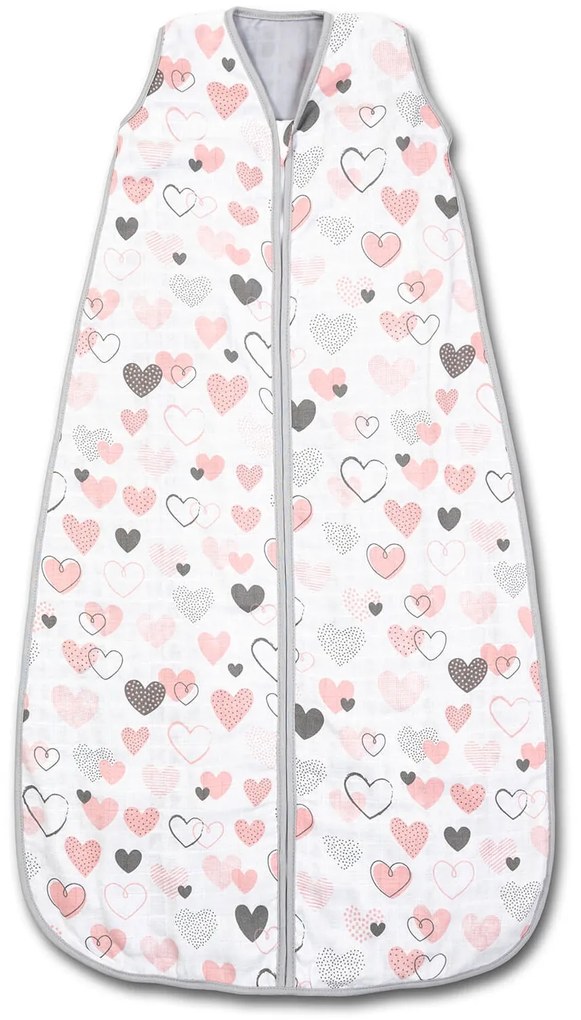 Sac dormit copii de vara din muselina Kidizi Pink Hearts 90 cm, 100% bumbac, 6-24 luni 0.5 TOG