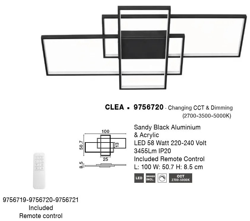 Lustra LED cu telecomanda design geometric CLEA neagra