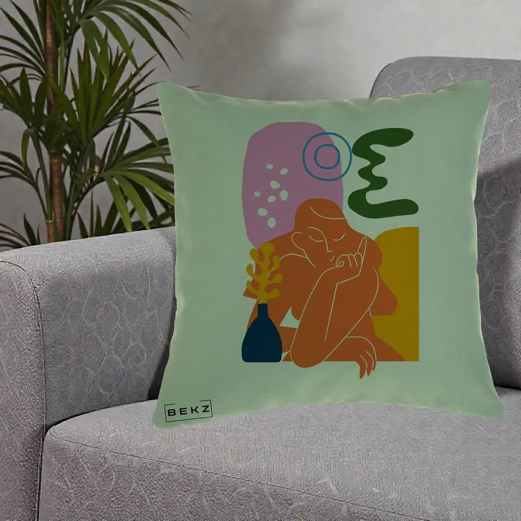 Perna Decorativa Femeie Meditand Abstract, 40x40 cm, Verde, Husa Detasabila, Perna Inclusa, BEKZ®