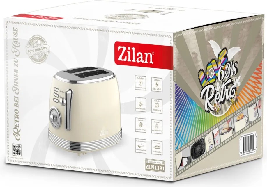 Prajitor de paine Retro Zilan ZLN1191, 2 felii de paine, 850W, 6 trepte de temperatura si timer, dezghetare, reincalzire, picioruse antiderapante
