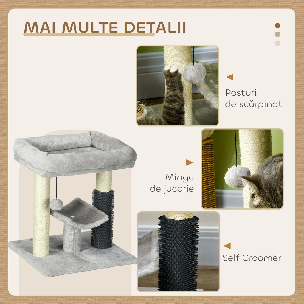 PawHut Ansamblu de Zgâriat cu Pătuț, Platformă, Perie și Stâlp din Sisal, 40x40x48 cm, Gri | Aosom Romania