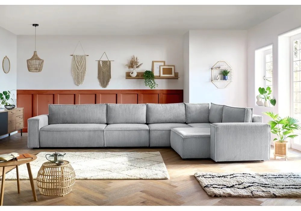 Colțar gri deschis cu tapițerie din catifea reiată (cu colț pe partea dreaptă) Nihad modular – Bobochic Paris