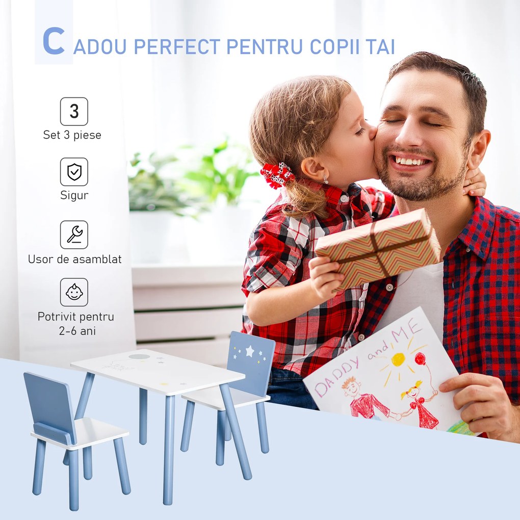 HOMCOM Mobilier Copii 2-6 Ani, Masă și Scaune în Nuanțe de Albastru Deschis și Alb | Aosom Romania
