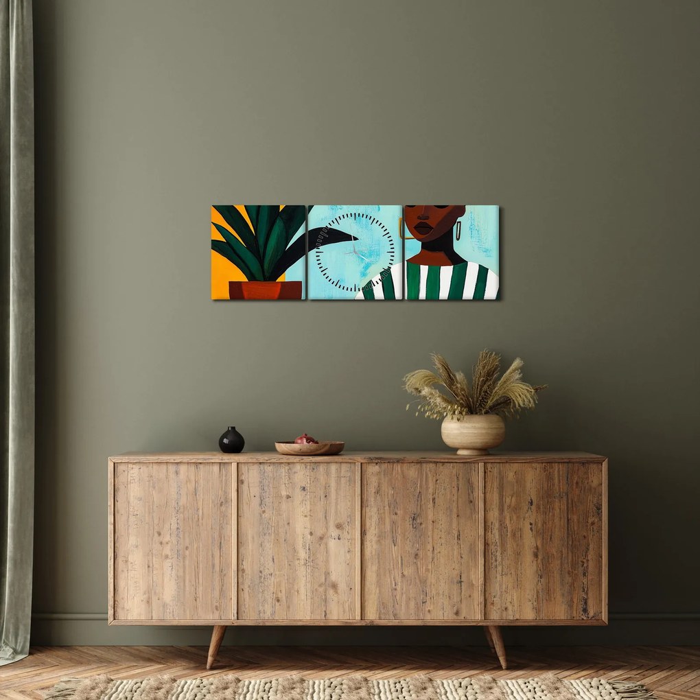 Tablou - Femeie cu floare (cu ceas) (90x30 cm)