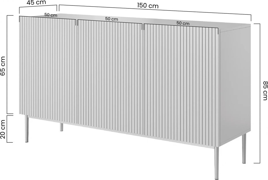 Comodă Nicole 150 cm cu trei uși, fronturi riflate - roz antic MDF / picioare negre