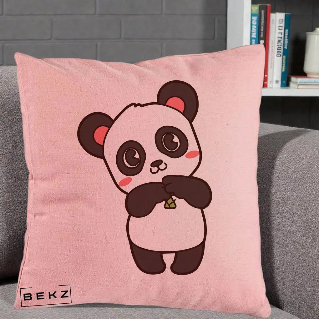 Perna Personalizata Panda Kawaii cu Bambus, 40x40 cm, Roz, Husa Detasabila, Perna Inclusa, BEKZ®
