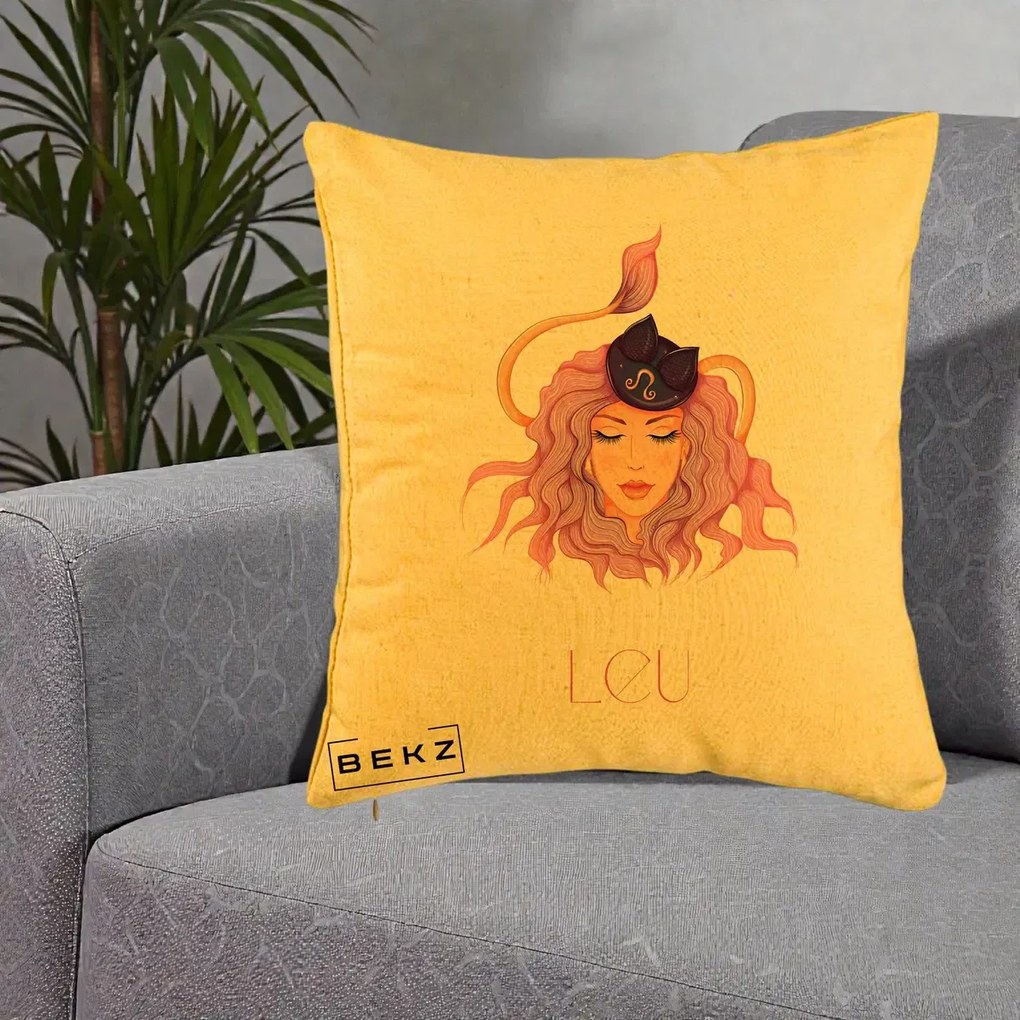 Perna Personalizata Zodie Leu, 40x40 cm, Galben, Husa Detasabila, Perna Inclusa, BEKZ®
