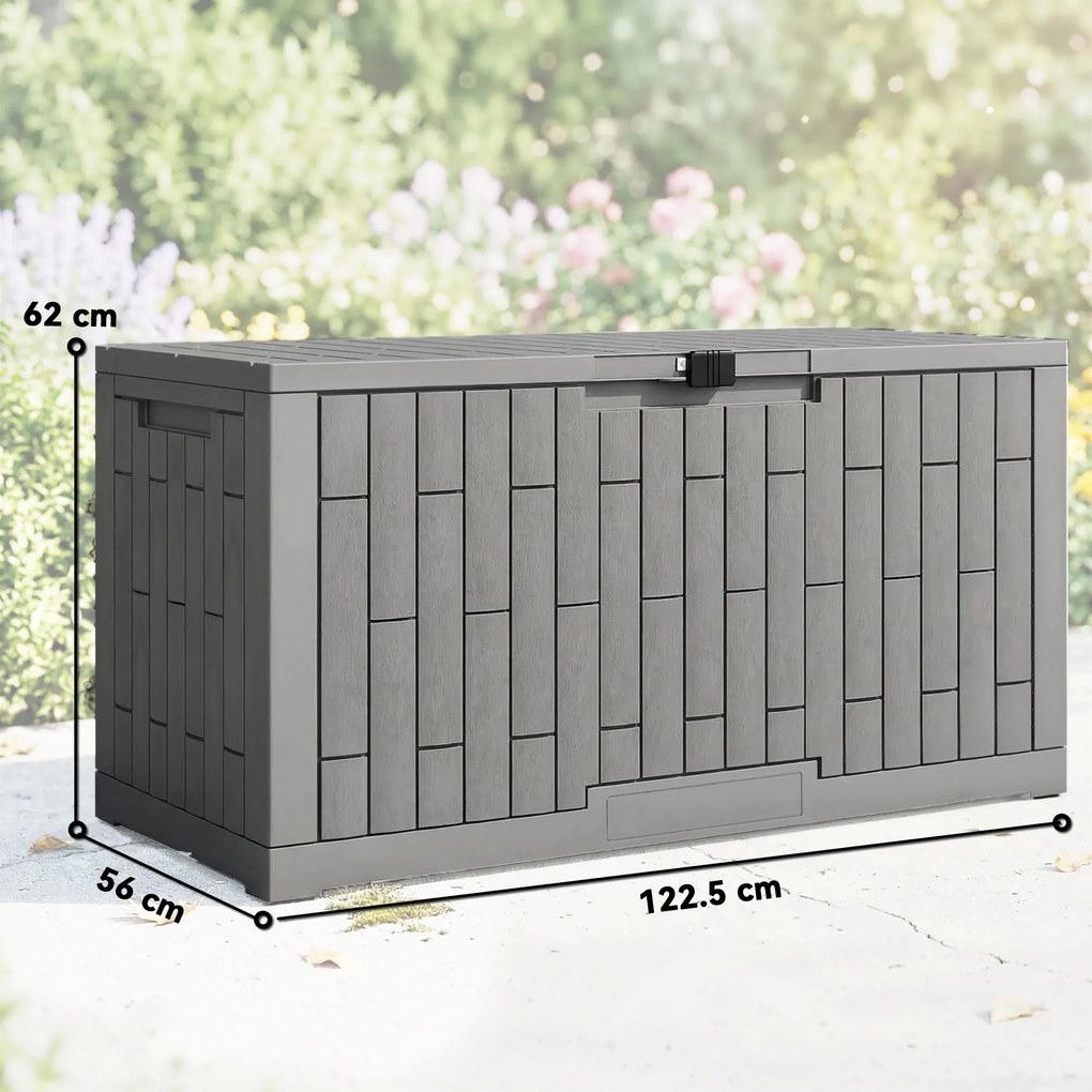 Outsunny Cutie de grădină 379 L Impermeabilă Încuiabilă Rezistentă la UV Cutie pentru perne cu aspect de lemn pentru grădină 122,5x56x62cm Gri | Aosom Romania