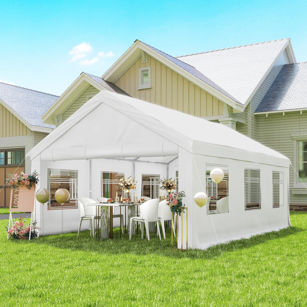 Outsunny Pavilion de Grădină 4x6 m cu Pereți Laterali, 6 Ferestre și Dublă Intrare, din Oțel Galvanizat, Alb | Aosom Romania
