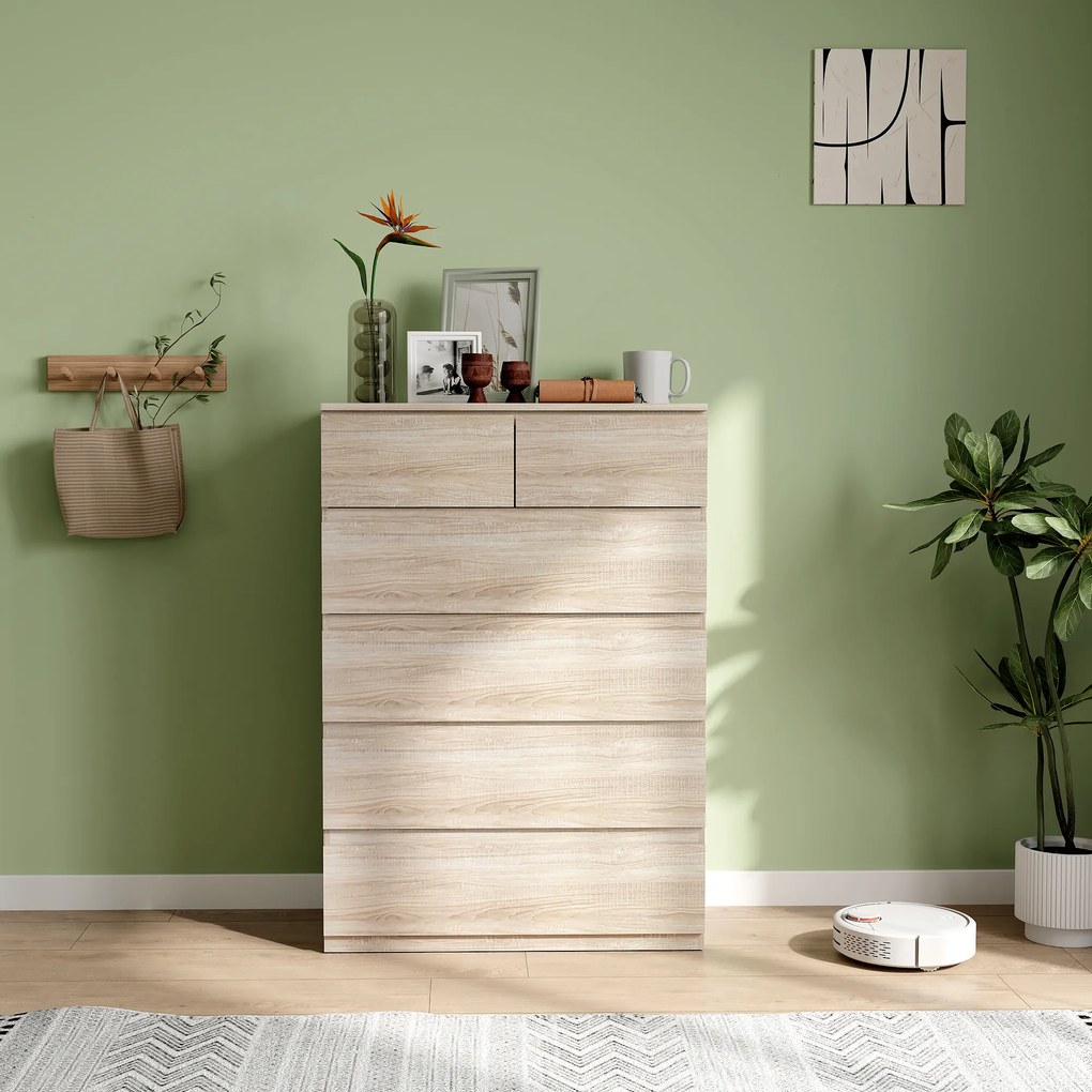 HOMCOM Comodă 6 sertare, mobilier de depozitare fără mânere design minimalist 80 x 39 x 115 cm lemn natural | Aosom Romania