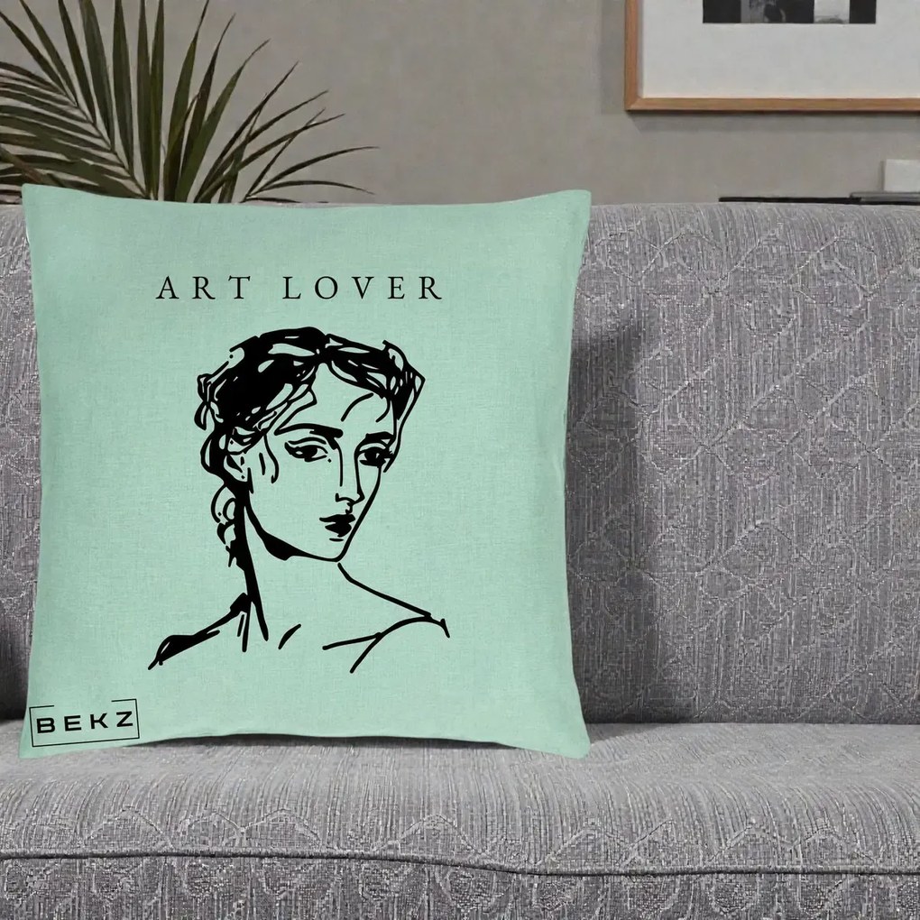 Perna Decorativa Art Lover Portret Grafic, 40x40 cm, Verde Menta, Husa Detasabila, Perna Inclusa, BEKZ®