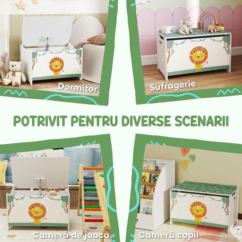 AIYAPLAY Cutie pentru Jucării cu Capac, Balamale de Siguranță și Mânere Adâncite, Organizator pentru Depozitarea Jucăriilor pentru Copii, Camera de Zi, Camera de Joacă, Verde | Aosom Romania